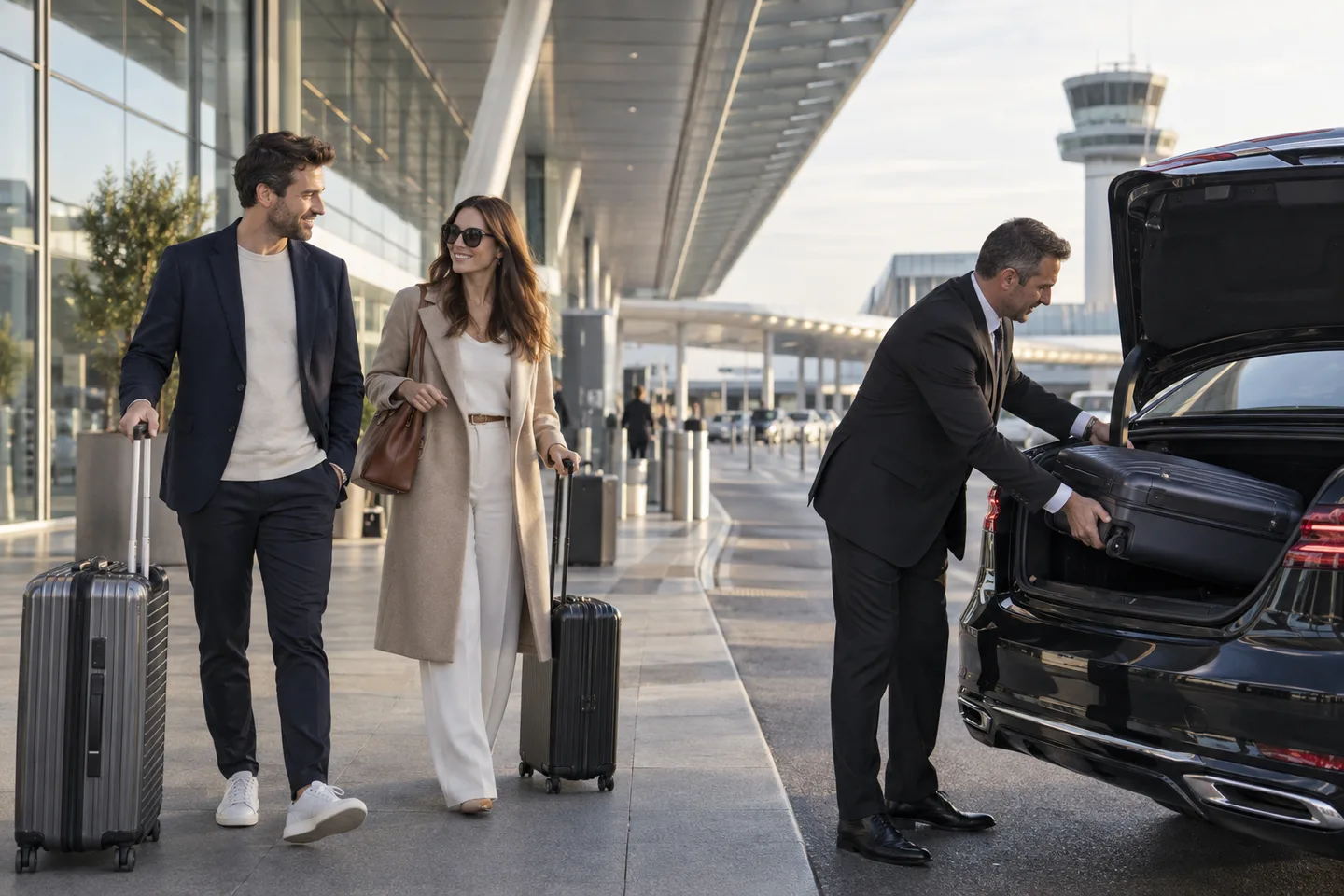 Chauffeur hilft Reisenden mit dem Gepäck am Flughafen